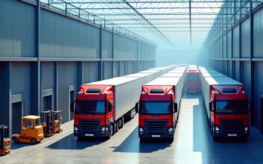 A fleet of delivery trucks at a busy warehouse.