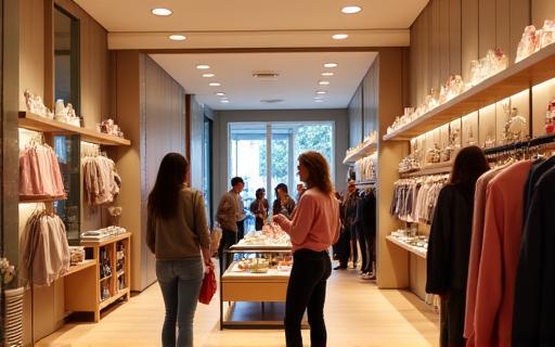 An elegant retail store interior with happy shoppers browsing.